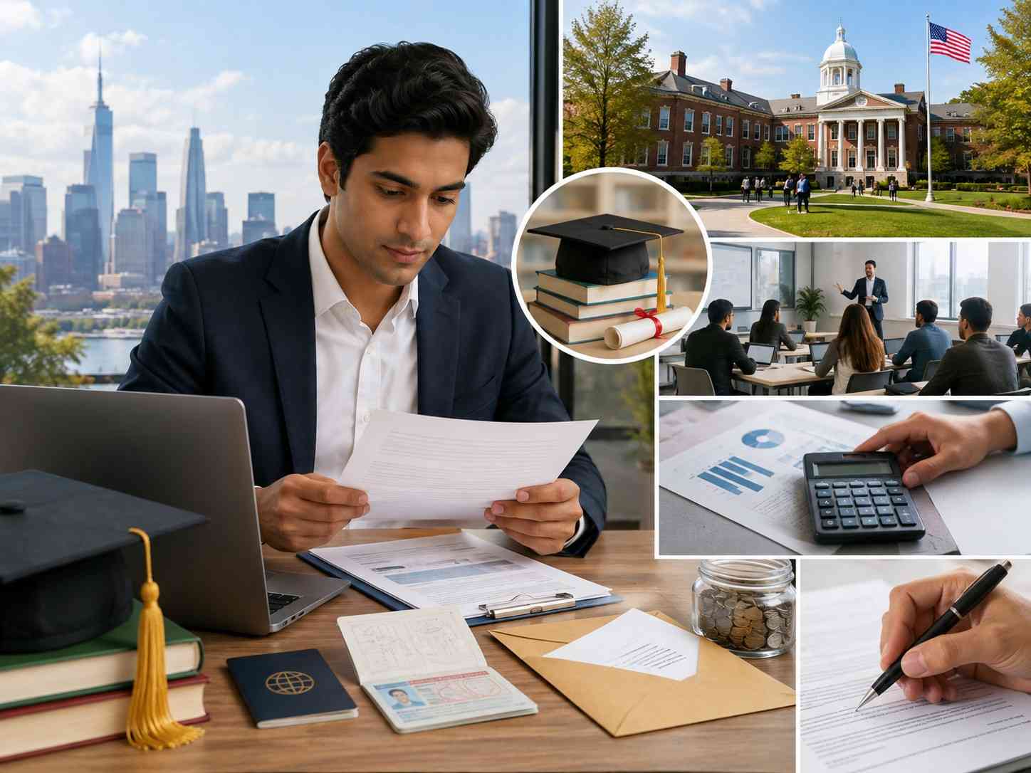 Indian MBA applicant reviewing F1 visa eligibility requirements, financial documents, admission paperwork and U.S. university study plans.